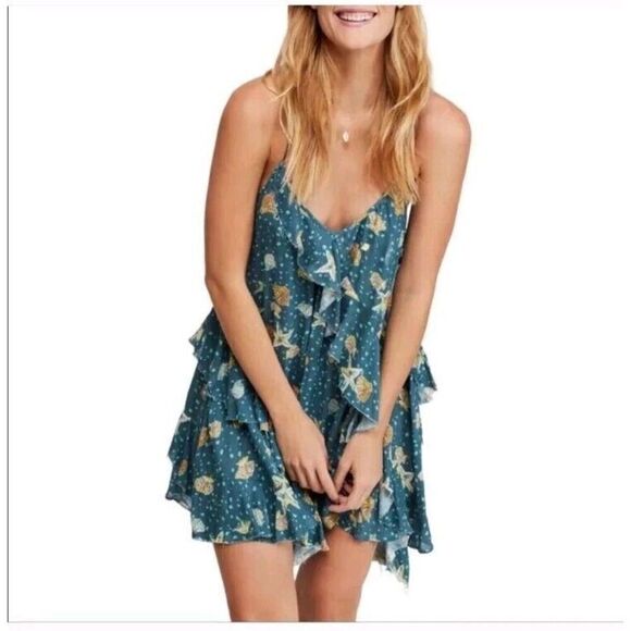 Free People Endless Summer Teal Green Seashell Print Halter Mini Dress Nwt Sz XL - Picture 1 of 13